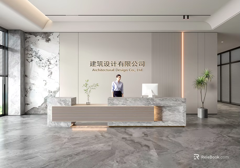 Modern Architectural Design Company Reception Desk With Marble Counter And Potted Plant 3d model 