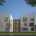 Modern School Building With White Facade Geometric Design Large Windows And Trees Around Lawn