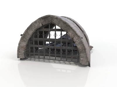 Antique Arched Architectural Component With Stone Frame And Metal Grille 3d model