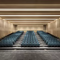 Modern Spacious Conference Room With Rows of Tiered Blue Seats And Wooden Linear Lighting