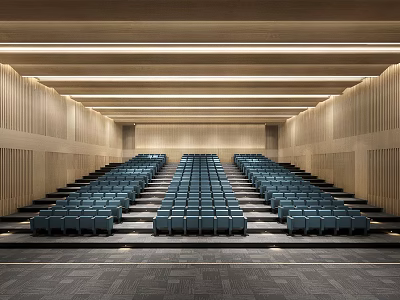 Modern Spacious Conference Room With Rows of Tiered Blue Seats And Wooden Linear Lighting 3d model