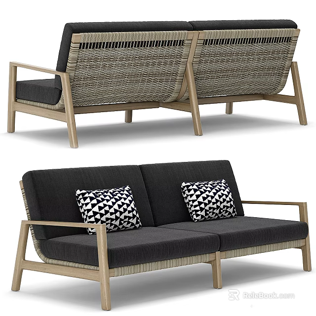 Modern Casual Sofa Set With Gray Cushions Wicker Accents And Patterned Pillows Design 3d model 