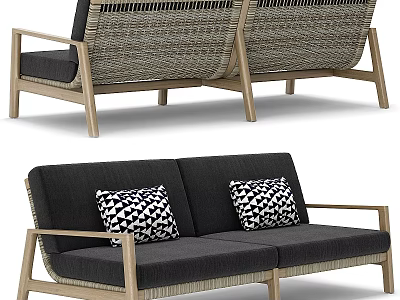 Modern Casual Sofa Set With Gray Cushions Wicker Accents And Patterned Pillows Design 3d model