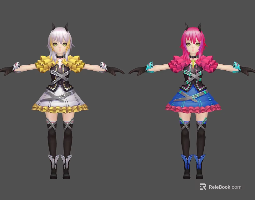 Game Anime Characters White Pink Hair Colorful Dresses Frilled Sleeves Black Boots 3D Model Design 3d model 
