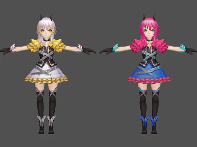 Game Anime Characters White Pink Hair Colorful Dresses Frilled Sleeves Black Boots 3D Model Design 3d model