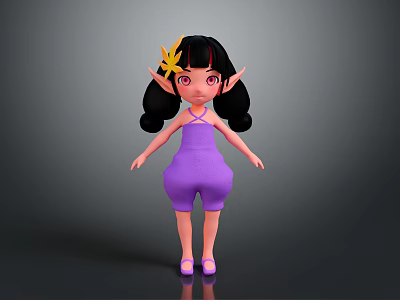 Cute Fantasy Character With Black Pigtails Yellow Flower Headpiece Pointed Ears Purple Outfit Pink Eyes 3d model