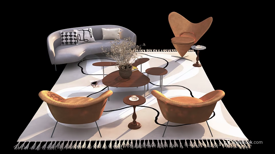 Modern Gray Sofa and Round Coffee Table Set with Brown Armchairs and Fringed Rug 3d model 