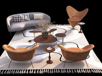 Modern Gray Sofa and Round Coffee Table Set with Brown Armchairs and Fringed Rug 3d model