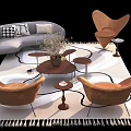Modern Gray Sofa and Round Coffee Table Set with Brown Armchairs and Fringed Rug