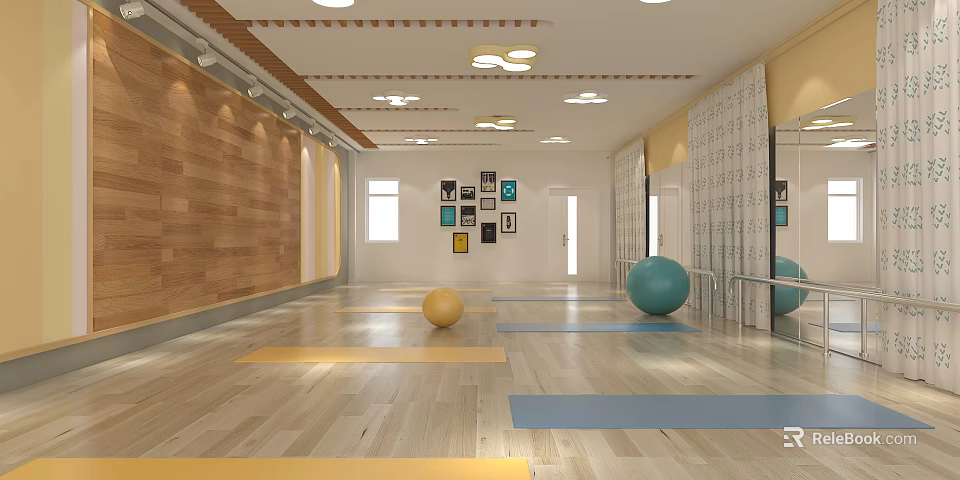 Spacious Bright Fitness Studio With Wooden Floor Yoga Balls Mirrors And Decorative Paintings 3d model 