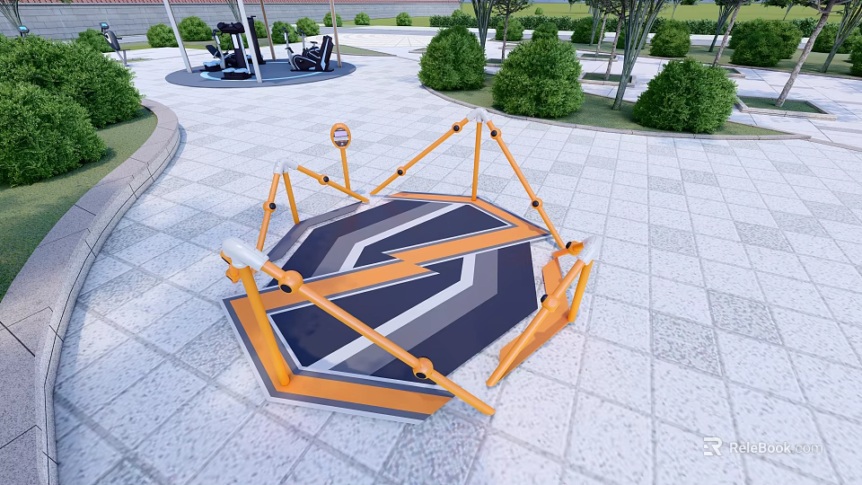 Outdoor Hexagonal Fitness Equipment Featuring Orange Black Design on Gray Tiles with Greenery 3d model 
