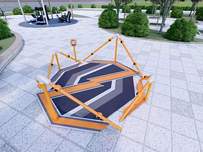 Outdoor Hexagonal Fitness Equipment Featuring Orange Black Design on Gray Tiles with Greenery 3d model