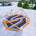 Outdoor Hexagonal Fitness Equipment Featuring Orange Black Design on Gray Tiles with Greenery