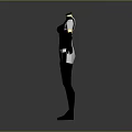 3D Humanoid Character Design With Black White Outfit White Top Black Sleeves Gold Accents