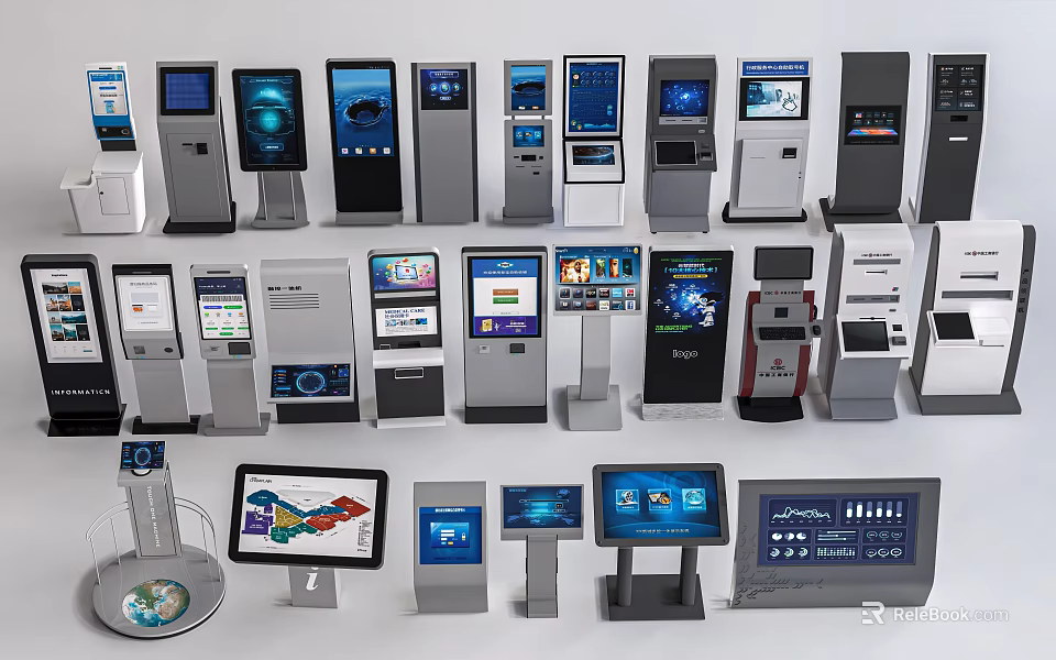 Smart Machines Featuring Self Service Kiosks Intelligent Interactive Touchscreen Devices With Various Sizes And Styles 3d model