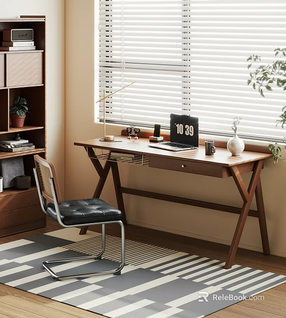 Modern Wooden Desk With Laptop Lamp Vase Mug And Chair Near Window 3d model 