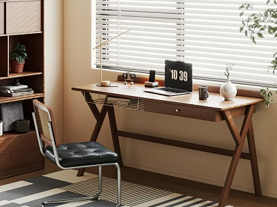 Modern Wooden Desk With Laptop Lamp Vase Mug And Chair Near Window 3d model