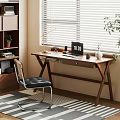 Modern Wooden Desk With Laptop Lamp Vase Mug And Chair Near Window