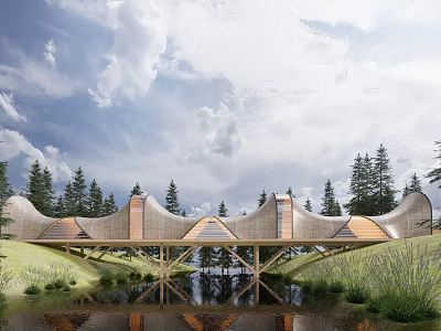 Modern Landscape Bridge With Curved Wooden Design Over Pond Under Cloudy Sky And Trees 3d model