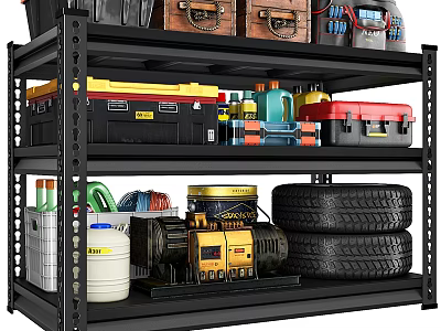 Heavy Duty Storage Shelf Organized With Toolboxes Tires Buckets And Tools 3d model