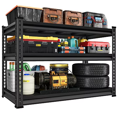 Heavy Duty Storage Shelf Organized With Toolboxes Tires Buckets And Tools 3d model