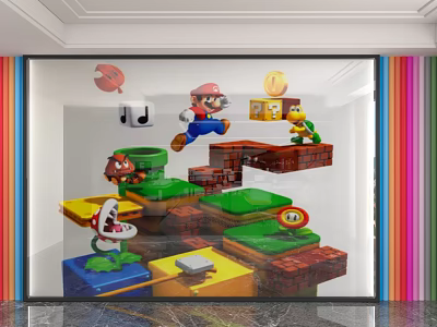 3D Game Theme Wall Mural Featuring Mario Yoshi Bricks Coins and Colorful Stripes 3d model
