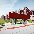 Modern Commercial Street With Red Glass High Rise Buildings And Parking Area