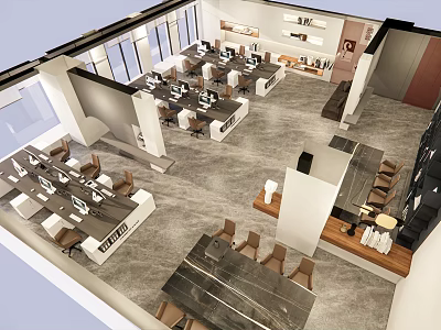 Modern Public Office Interior With Open Layout Workstations Meeting Tables And Chairs 3d model
