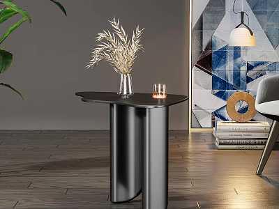Black Modern Side Table with Dried Flowers Vase and Candles in Living Room 3d model