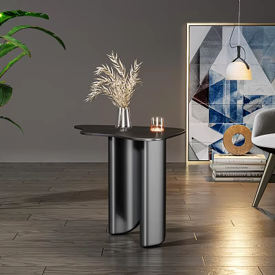 Black Modern Side Table with Dried Flowers Vase and Candles in Living Room 3d model