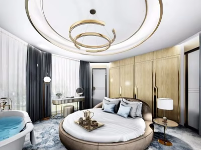 Luxurious Hotel Room Interior With Round Bed Bathtub Wooden Wardrobes And Ring Ceiling Light 3d model