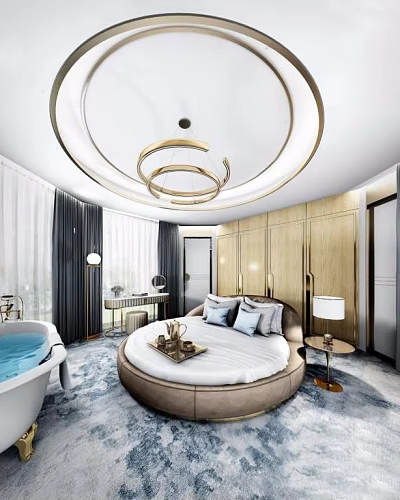 Luxurious Hotel Room Interior With Round Bed Bathtub Wooden Wardrobes And Ring Ceiling Light 3d model