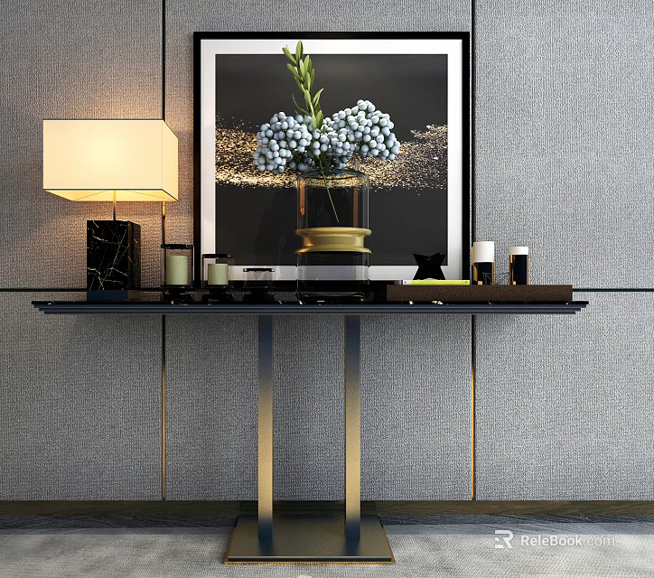 Stylish Console Table with Blue Flower Vase Table Lamp and Textured Wall Decor 3d model