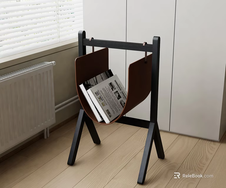 Black Frame Magazine Rack Holding Magazines Near White Blinds Radiator And Light Wooden Floor 3d model 