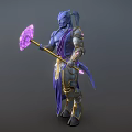 Game and Movie Character Blue Skinned with Crown Purple Robe Golden Accents and Pink Crystal Staff