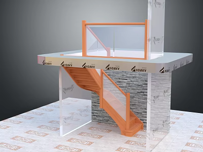 Modern Staircase With Orange Steps Glass Railing And Stone Wall Base Design 3d model