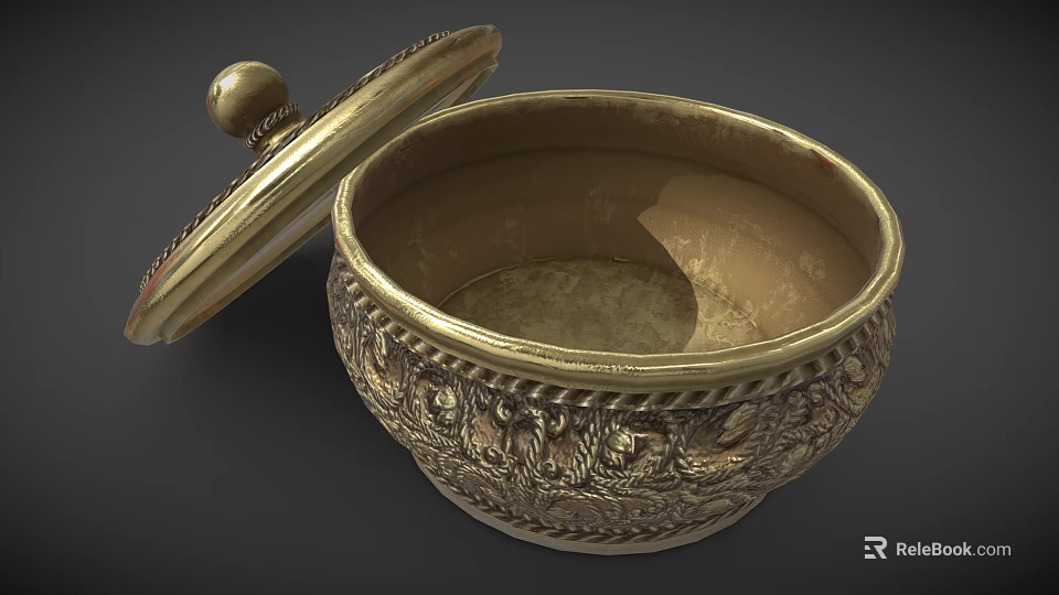Classic Style Golden Ceramic Vessel With Carved Patterns And Lid 3d model