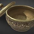 Classic Style Golden Ceramic Vessel With Carved Patterns And Lid 3d model