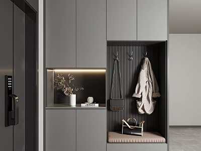 Modern Grey Shoe Cabinet With Coat Rack Bench And Decorative Lighting 3d model
