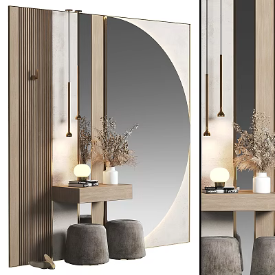 Modern Sofa Backdrop Wall With Wooden Panels Round Mirror And Dried Plants 3d model