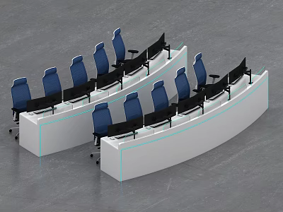 Monitoring Room Interior With Curved Console Desks Blue Ergonomic Chairs And Multiple Monitors 3d model