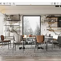 Modern Restaurant Interior Design With Dining Table Chairs Large Window And Decorative Shelves 3d model