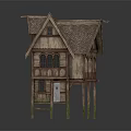 Traditional Wooden House on Tall Stilts with Sloped Roof and Decorative Windows