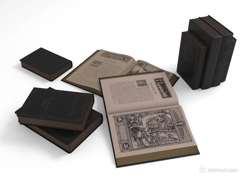 Vintage Books With Black Covers Open Showing Inner Page Illustrations And Text 3d model 