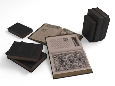 Vintage Books With Black Covers Open Showing Inner Page Illustrations And Text 3d model