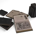 Vintage Books With Black Covers Open Showing Inner Page Illustrations And Text
