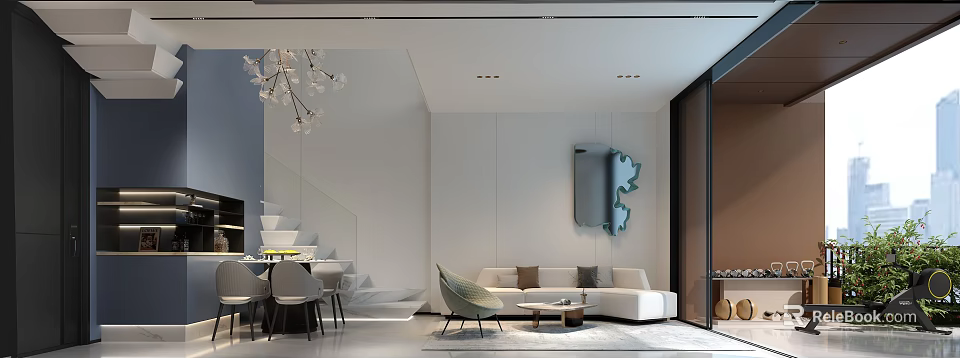 Modern Dining and Living Room Interior With White Sofa Dining Table Chandelier and Decorative Mirror 3d model 