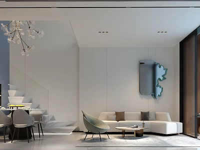 Modern Dining and Living Room Interior With White Sofa Dining Table Chandelier and Decorative Mirror 3d model