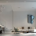 Modern Dining and Living Room Interior With White Sofa Dining Table Chandelier and Decorative Mirror