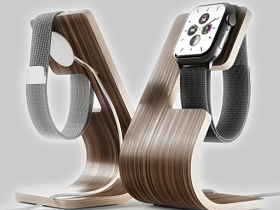 Two Smartwatches with Gray Mesh Straps on Wooden Charging Stand 3d model